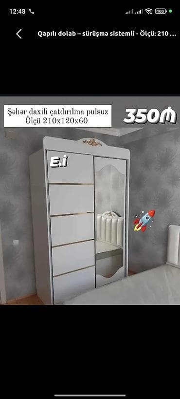 set mebel: Sürüşmə sistemli qapılı dolab - Ölçü: 210 x 120 x 60 sm - Rəng: ağ — 1