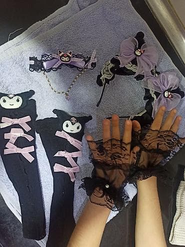 boyunbag: Kuromi temalı aksesuar dəsti - Qara pambıq corablar: dizə qədər, üst — 1