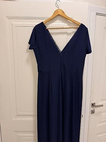 uzun sarafan: Tünd göy rəngdə zərif uzun don - Dizayn: Sarafan tipli, V formalı — 2