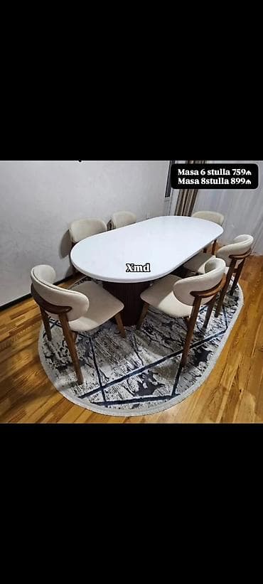 antik stullar: Oval formal masa dəsti – ağ stolüstü və yumşaq bej oturacaqlı taxta — 1
