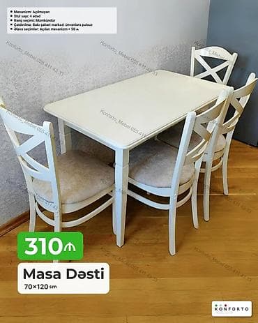 kohnə stul: Masa Dəsti – 70×120 sm Xüsusiyyətlər: - Komplekt: 1 masa + 4 ədəd — 1