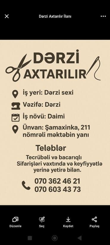 mebel fabrikine isci: Dərzi sexində dərzi vəzifəsi üçün daimi iş elanı. Namizəddən təcrübəli — 1