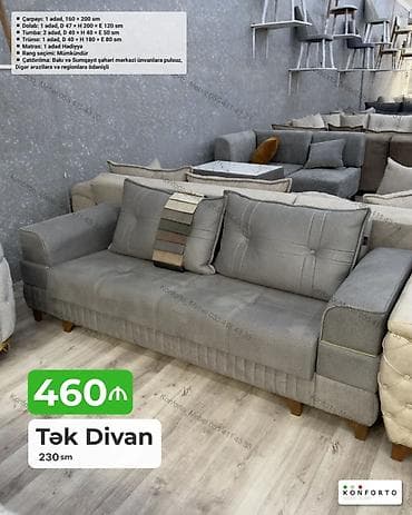 Tək divan – 230 sm - Rəng: boz (toxumalı parça), dekorativ tikişli