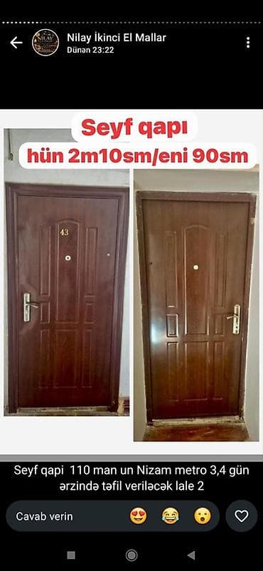 qapi: Seyf qapı – rəng: tünd qəhvəyi, dekorativ panellərlə. Ölçü: hündürlük — 1