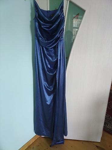 Женская одежда: Zərif gecə/libas – ipək effekti verən atlas parça, tünd göy rəng. - — 5