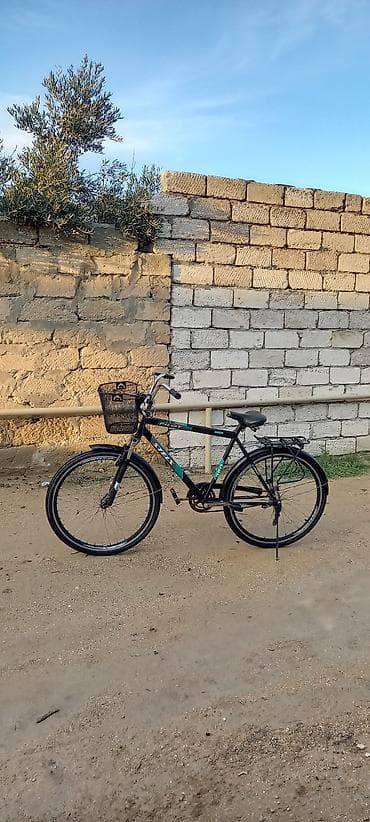 Şəhər velosipedləri: Ön səbəti və arxa baqajı olan qara rəngli şəhər velosipedi. Bu — 2