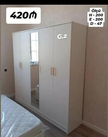 Yeni, 4 qapılı, Güzgülü, Ağ, Digər material, Açılan, Düz dolab