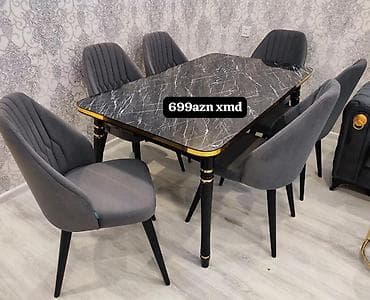 masa örtüsü: Yemək otağı üçün dəst – 1 masa + 6 stul - Masa: Dördkünc forma, tünd — 1
