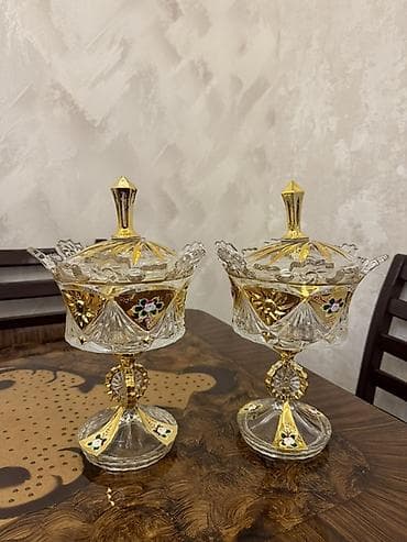 saatlar type 0: Zərli bəzəkli şüşə şirniyyat qabları (2 ədəd dəst) Ayri-ayriliqda 25 — 1