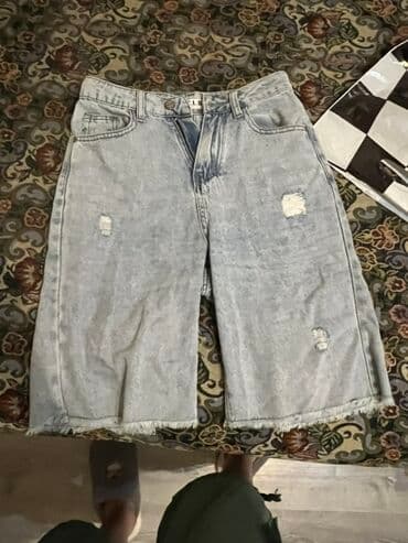 idman kişi şortları: Açıq boz rəngli denim şort - Uzun kəsim (dizə yaxın), rahat — 1