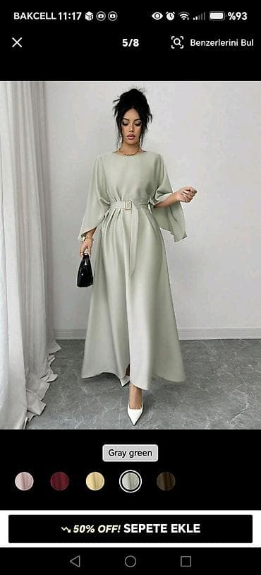 smart 2030 c003: Zərif maxi don – “gray green” rəng - Model: A-kəsim, axıcı ətəkli uzun — 2