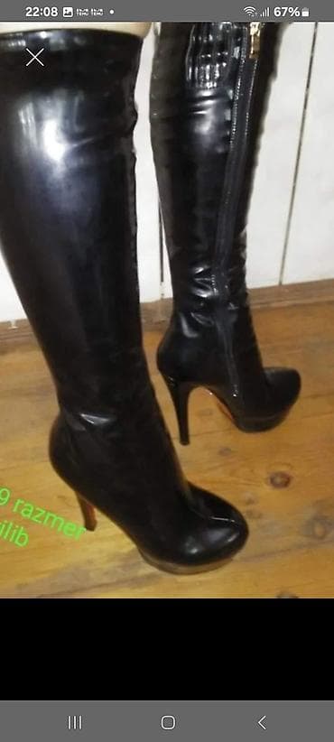 Qadınlar üçün uzunboğaz dəri çəkmə - Rəng: qara, parlaq səth - Model