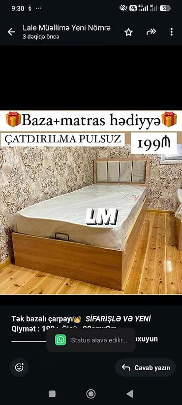 tek krafat: *Tək bazalı çarpayı*👑 _*SİFARİŞLƏ VƏ YENİ*_ *Qiymət : 199₼* Ölçü  — 1