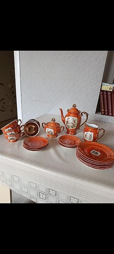 Çay dəsti, rəng - Narıncı, Farfor, Bohemia, 6 nəfərlik, Polşa