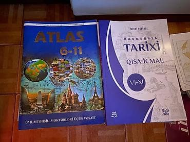 Kitablar və jurnallar: Ümumdünya tarixi qısa icmal əla vəziyyətdə ( 5 azn ) və Atlas ( 3 azn — 1