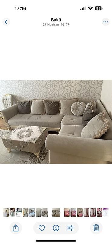 puflar: Künc divan dəsti – klassik dizayn - Rəng: Açıq boz/bej tonlarında - — 1