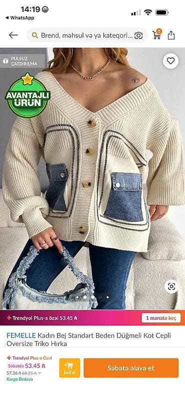 dəbli qadın geyimləri: Məhsul: FEMELLE qadın oversize triko hırka - Rəng: bej - Model — 4