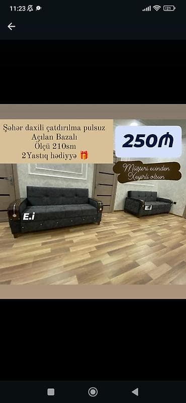 divan kreditle: Açılan-bazalı divan - Ölçü: 210 sm - Rəng: tünd boz (şam ağacı rəngli — 1