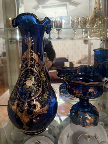 meyvə tərəvəz satışı: Dekorativ qab-qacaq dəsti - Kobalt mavi rəngli 2 ədəd şüşə vaza: oval — 7