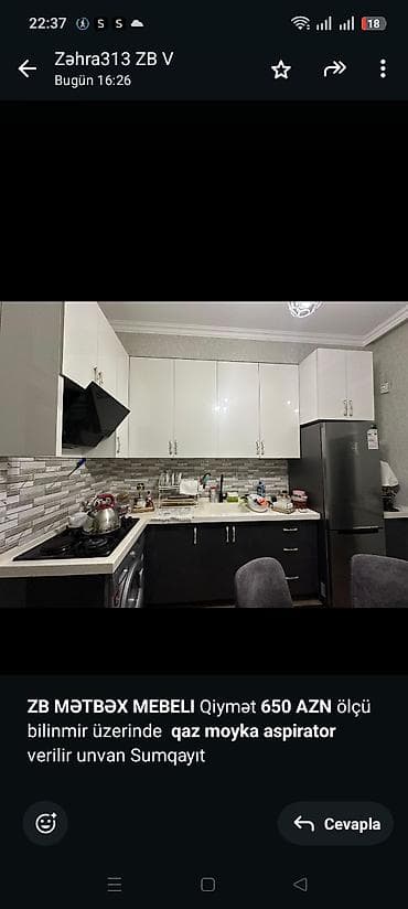 *ZB* *MƏTBƏX MEBELI* Qiymət *650 AZN* ölçü bilinmir üzerinde *qaz — 1