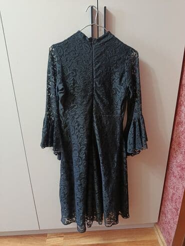 midi məxmər ətəklər: Qadın krujeva paltar - Rəng: qara - Material: tam krujeva üst qat — 4