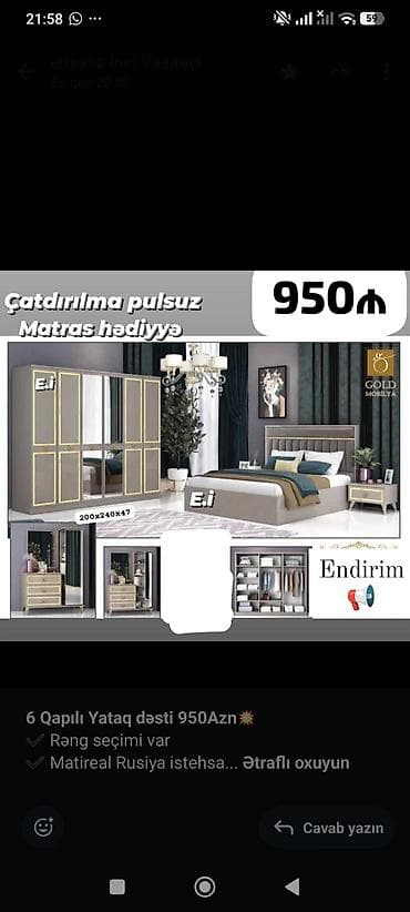 trimo mebel: *6 Qapılı Yataq dəsti 950Azn💥* ✔️ Rəng seçimi var ✔️ Matireal Rusiya — 1