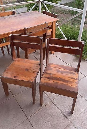 bag stullari: Tecili satilir. Taxta lakli. Uzun 10 neferlik masa. 10 oturacaq. Bu — 3