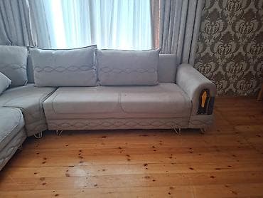 kreditle kunc divanlar: Künc divan dəsti – krem/boz rəngli, yumşaq məxməri/parça üzlüklə - — 2