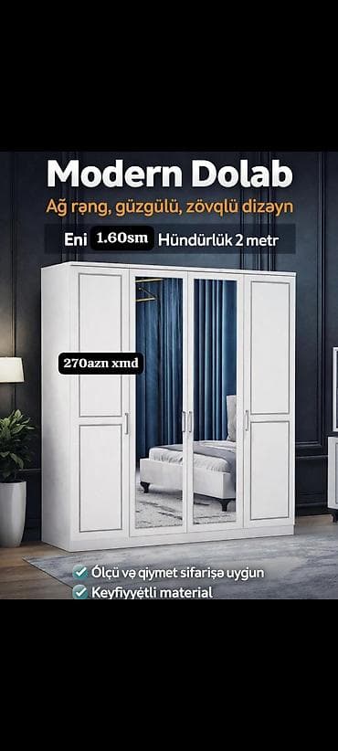 guzgu termo: Ağ rəngdə, güzgülü modern şkaflar 1) 4 qapılı model - Eni: 1.60 m - — 1