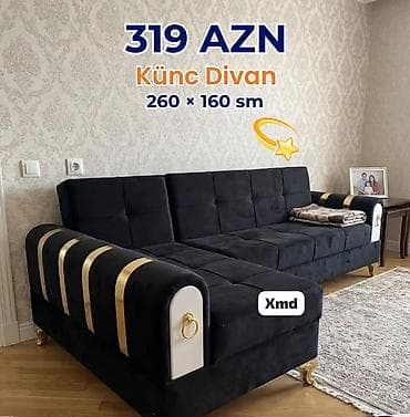 Divanlar: Künc divan – 260 × 160 sm - Rəng: qara - Material: yumşaq məxməri — 1