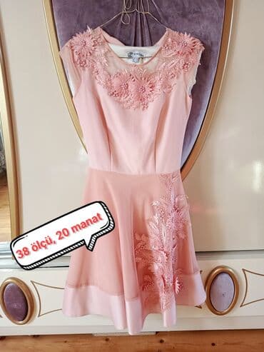 детские платья с длинным рукавом: Çəhrayı rəngli, 38 ölçülü ziyafət donu. Yuxarı hissəsi güllərlə — 1