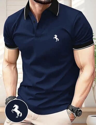 женские поло футболки: Tünd göy rəngli kişi polo köynəyi, qara yaxalıqlı və qollu dizaynı ilə — 1