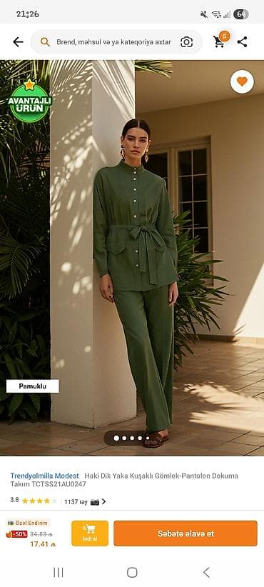 geyim desti: Qadın iki parça dəst – tünd yaşıl rəngdə, pambıq tərkibli - Üst — 8