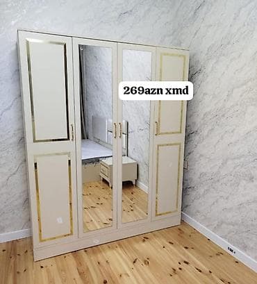 Dolablar: Dörd qapılı paltar şkafı - Rəng: açıq krem/ağ tonlarda, qızılı dekor — 10