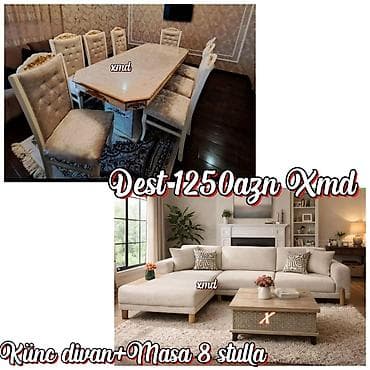 Künc divan + masa və 8 stul dəsti - Komplekt: künc divan, yemək