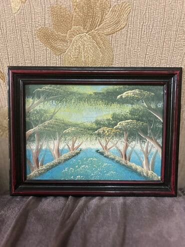 Rəsm əsəri – çərçivəli peyzaj tablo - Mövzu: mavi sulu kanal boyunca