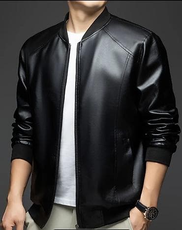 Kişi üçün qara rəngli dəri görünümlü bomber üslubunda yüngül gödəkçə — 1