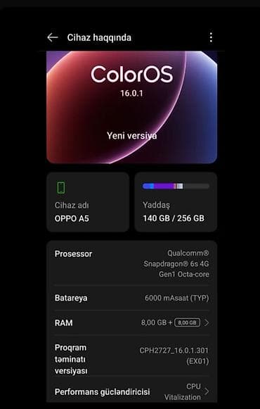telfon 50 azn: Oppo A5, 256 GB, rəng - Ağ, Barmaq izi — 2