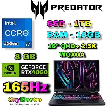 Yeni Acer Predator, 16 ", Intel Core i7, 1 TB, Ünvandan götürmə, Pulsuz çatdırılma, Ödənişli çatdırılma