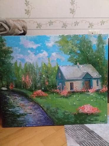 Əl işi rəsm əsəri – “Kənar ev və çay” - Texnika: yağlı boya, kətan