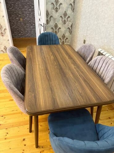 stol desdi: Qonaq otağı üçün, İşlənmiş, Açılan, Dördbucaq masa, 6 stul — 2