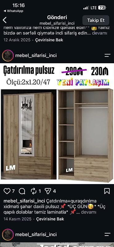 skafi: Üç qapılı geyim dolabı - Material: təmiz laminat - Rəng və tekstura — 1