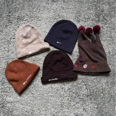 женские вязаные шапки: Qış üçün papaq dəsti – 5 ədəd - Nike trikotaj papaq, boz rəng — 1