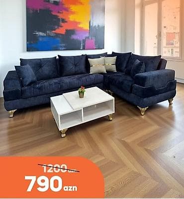 Sifarişlə ofis mebeli: L-formalı künc divan dəsti - Rəng: tünd göy (navy) - Parça: yumşaq — 1