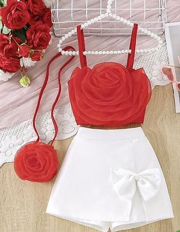 qelem etek donlar: Qız uşaqları üçün 3 hissəli yay dəsti - Üst: Qırmızı rəngli, nazik — 2