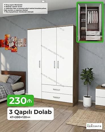 skaf: 3 qapılı paltar dolabı – 47×200×120 sm - Daxili quruluş: 1 asılqan — 1