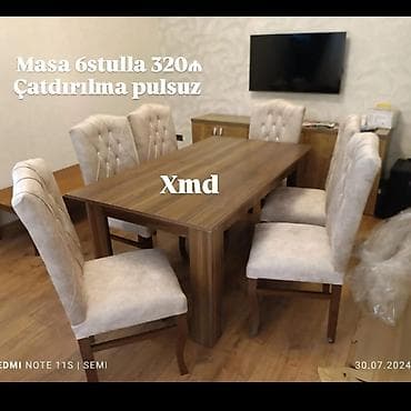 Masa və 6 ədəd stul dəsti. - Düzbucaqlı yemək masası: taxta