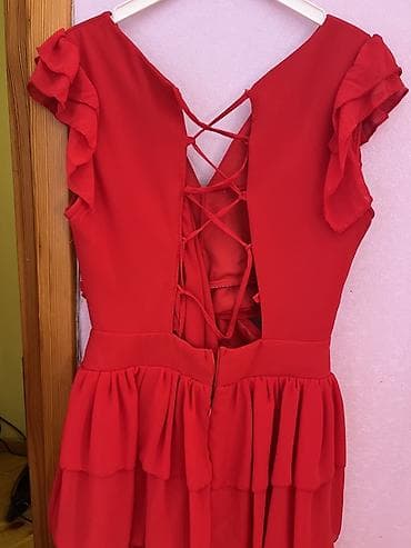 Qırmızı şifon qısa don - Model: A-kəsim, qısa uzunluq, çoxqatlı ətək — 3