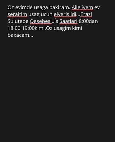coban isi: Dayə, Öz evində, 28 yaş, 1 ildən az təcrübə — 1