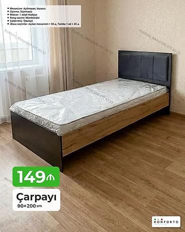 Çarpayı – 90×200 sm - Dizayn: qara karkas və ağac teksturalı yan — 1
